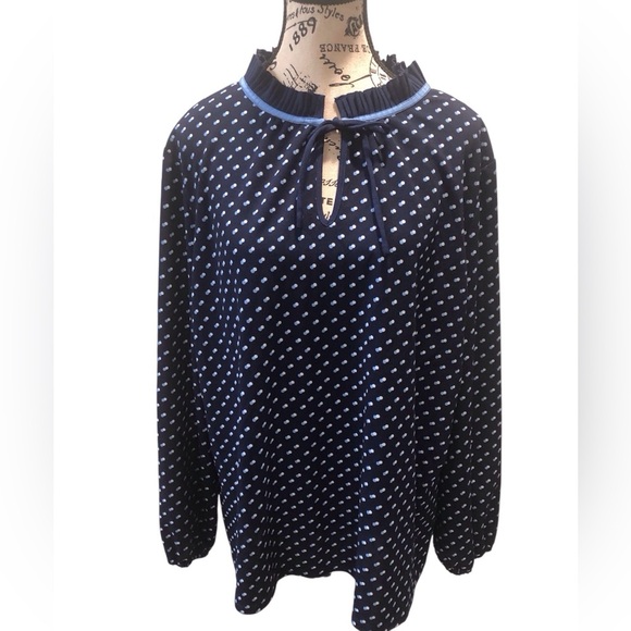 Talbots Plus 2X Navy Blue and White Blouse with Light Blue Dots Ruffled Neck LS - Picture 1 of 6